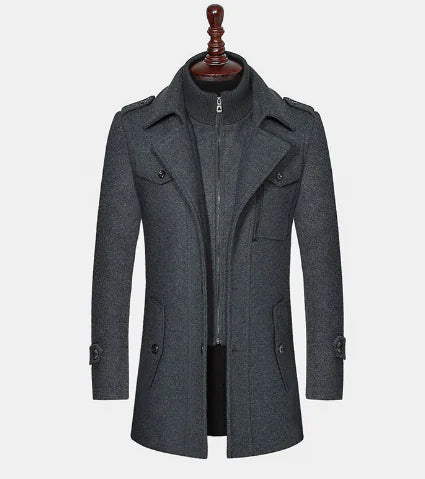 Men's Detachable Double Collar Wool Coat for Autumn/Winter