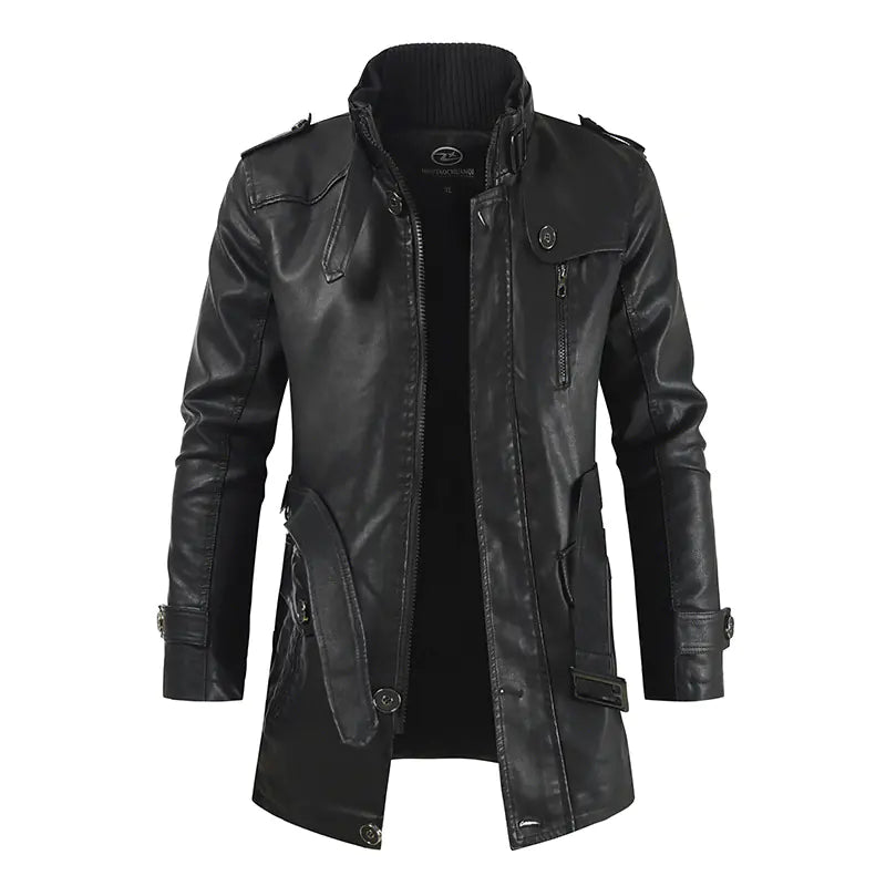 Men's Mid-length Slim Fit Leather Trench Coat