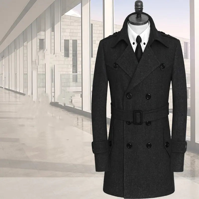 Korean Style Medium Length Men's Tweed Trench Coat