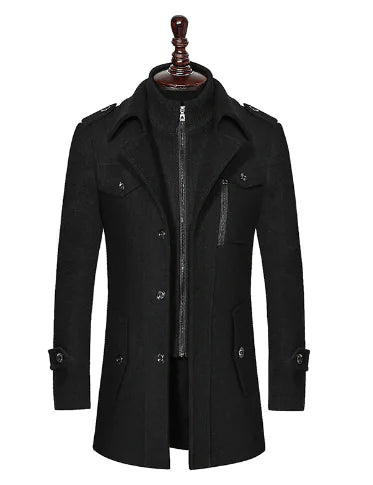 Men's Detachable Double Collar Wool Coat for Autumn/Winter