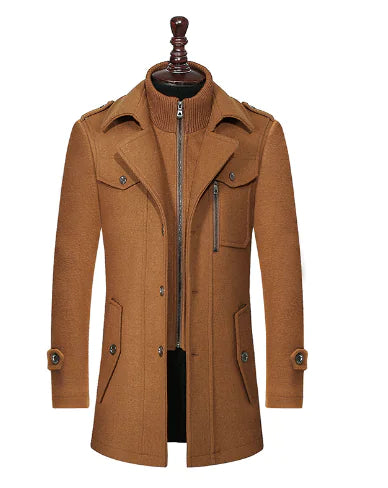 Men's Detachable Double Collar Wool Coat for Autumn/Winter