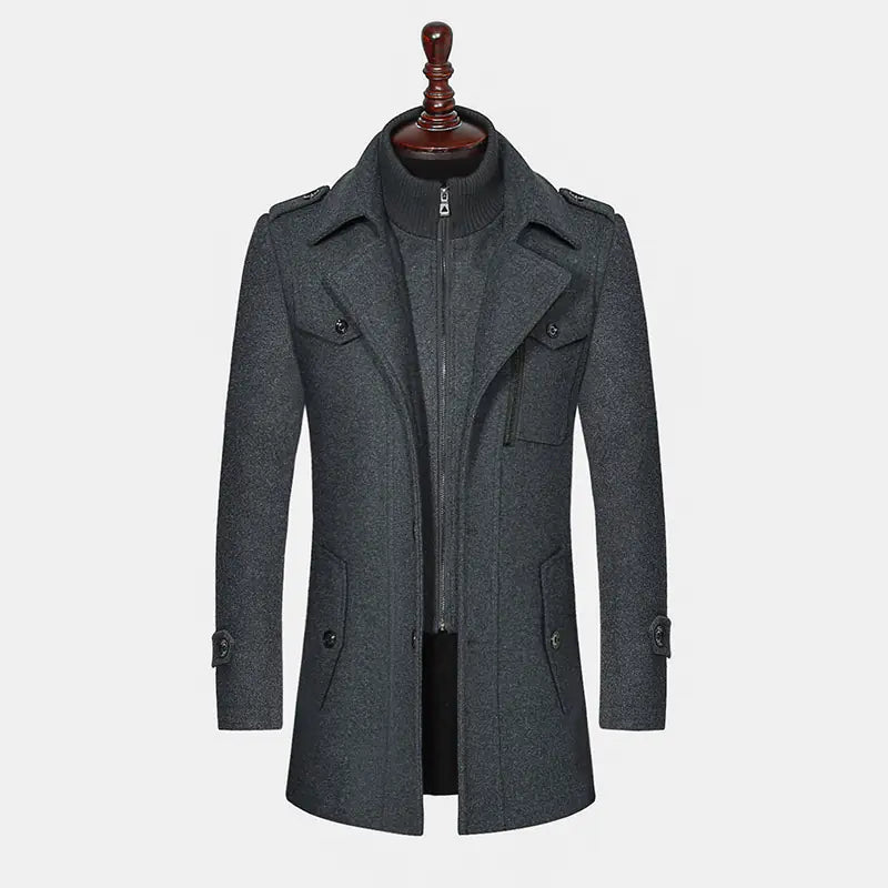 Men's Detachable Double Collar Wool Coat for Autumn/Winter